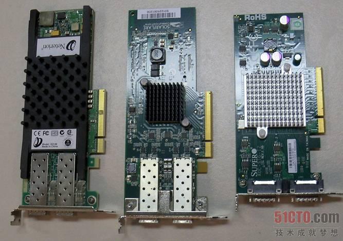 图 24 参与测试的三块网卡左侧是Neterion X3120，中间是Solarflare SFN5122F，右侧是英特尔82598）