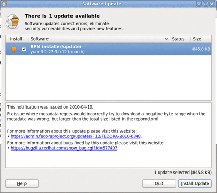 Fedora 12 (Gnome) 上 Software Update 图形界面的屏幕图